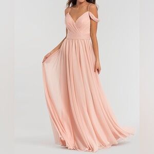 Kleinfeld Maxi Dress Size 12 Formal Peach Cold Off Shoulder Pleated Chiffon